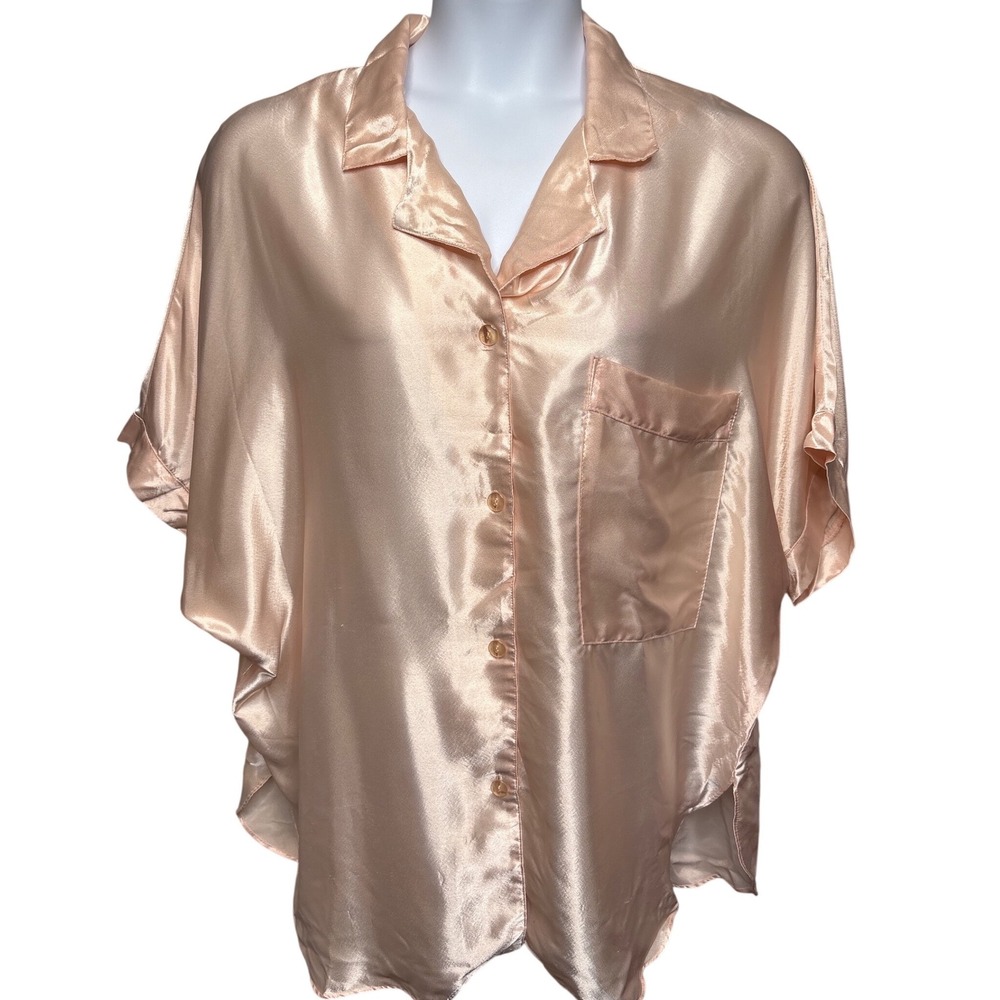 VTG 90s CALIFORNIA MISS Champagne Satin Button Down Pajama Top 2X Coquette Silky